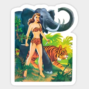 REVISTANGO #210 - Fearless Jungle Pin-Up Warrior Standing beside a Fierce Tiger and Majestic Elephant under Tropical Sunlight in a Bold 1950s Adventure Comic Scene with Vibrant Green Leaves and Golden Light Creating Cinematic Exotic Beauty Vintage Sticker